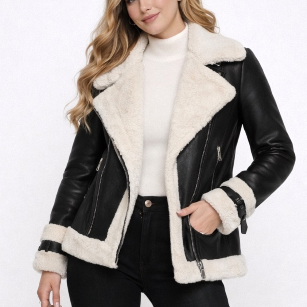 AVIATOR Genuine Leather, shearling, faux fur Pilot Jacket NWT sz large